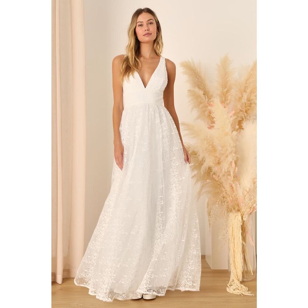 Lulu's White V-Neck Lace A-Line Wedding Dress